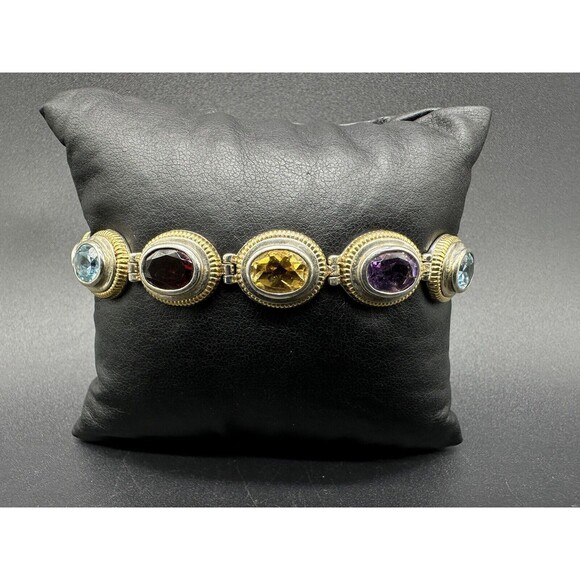 Sterling Silver 14k Gold Multi Gemstone Bracelet 7.25"~Garnet~Citrine~Amethyst - Picture 1 of 11